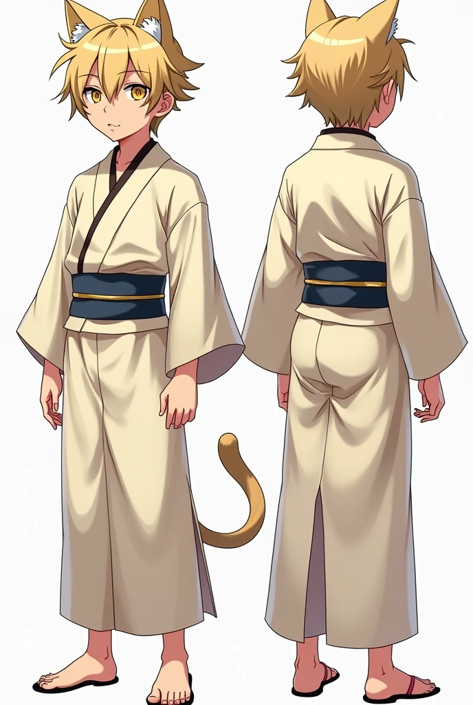 High quality illustrations, male，Cat-eared teenager, three views, Front and sides and back, Character Sheet, Character Design, Various expressions, masterpiece、(Highest quality)、((kimono))、((Makes your face smaller))、The body is slim、((Yellow Eyes))、((10 poses and facial expressions))、Anime characters