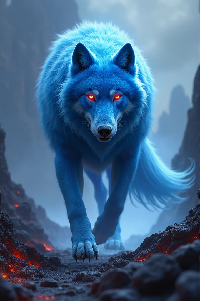 Blue wolf with red eyes walking on a volcano 