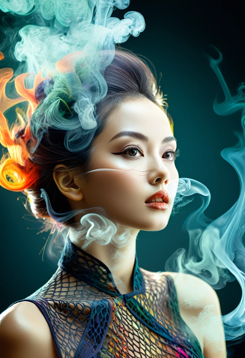 high quality, 8K Ultra HD, 一位迷人女性的Surrealism肖像.
Merged double exposure photo illustration, A lady, Smoke creatures, (Transparency effect for ghost images), Seamless blending, Textures and patterns, ((Transparency 0.75)), Iconic model pose, Dramatic shadows, Dramatic Lighting, Interweaving elements, Face her image, Sixty degree side view, Fantasy Art, Two tones, Opponents: Digital Photography Art, Surrealism, Extremely detailed, Clear and clear, High contrast, Bright atmosphere, Rich texture, Complex patterns, Bright colors, Movie Lighting, Reality, Accurate anatomical proportions.