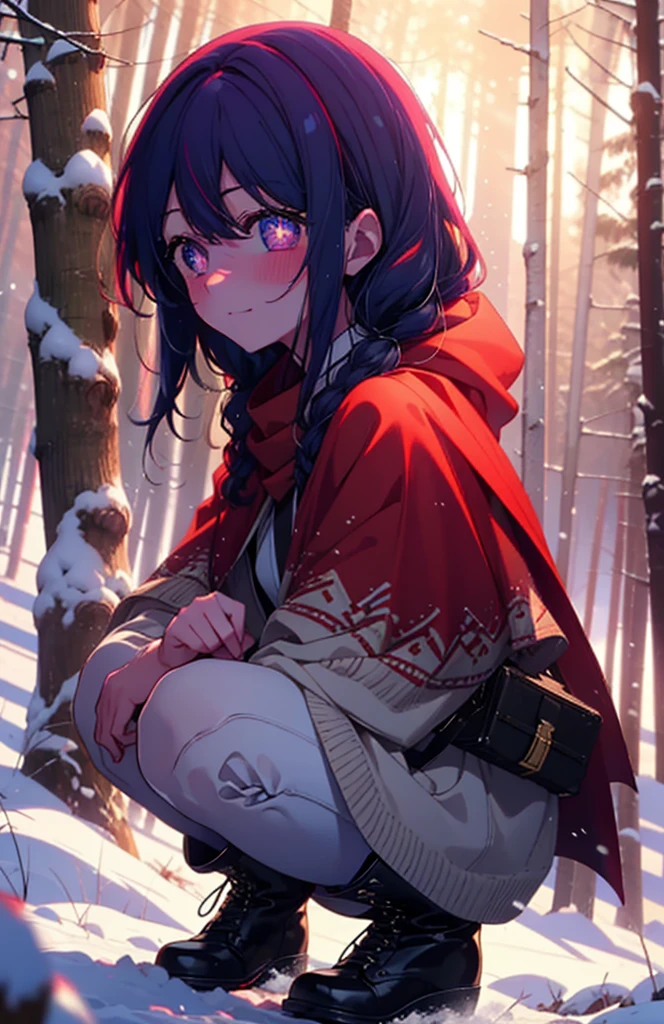 aihoshino, Ai Hoshino, Long Hair, bangs, (Purple eyes:1.1), Purple Hair, (Symbol-shaped pupil:1.5), smile,,smile,blush,white breath,
Open your mouth,snow,Ground bonfire, Outdoor, boots, snowing, From the side, wood, suitcase, Cape, Blurred, , forest, White handbag, nature, Squat, Mouth closed, Cape, winter, Written boundary depth, Black shoes, red Cape break looking at viewer, Upper Body, whole body, break Outdoor, forest, nature, break (masterpiece:1.2), Highest quality, High resolution, unity 8k wallpaper, (shape:0.8), (Beautiful and beautiful eyes:1.6), Highly detailed face, Perfect lighting, Highly detailed CG, (Perfect hands, Perfect Anatomy),