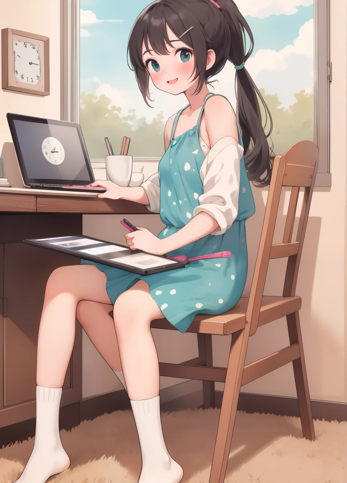 (masterpiece、最high quality、最high quality、Official Art、Beautiful and beautiful:1.2)、(One girl:1.3)Hatsune Miku、Twin tails,Beautiful breasts, Katsushika Hokusai,((masterpiece, 最high quality, high quality, 8k, High resolution, Very detailed)), Official Art, Perfect Anatomy, Vivid saturation, One girl, とてもcute, cute, Black Hair, ponytail, Sitting in a chair, Study on a tablet, smile, Open your mouth, cuteパジャマを着て, Putting on socks, In the study room, Daytime, Warm sunshine, smartphone, laptop, Wall Clock, Coffee Mugs, stuffed toy, hand mirror, Pouch, Book, magazine, pen holder, View your viewers