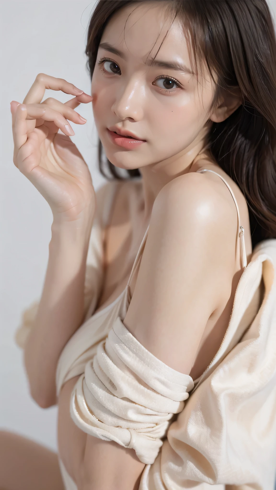 (8k, Raw, Top Quality, Masterpiece: 1.2), (Realistic, Photorealistic: 1.37), Ultra High Resolution, One Girl, Cute, One Model Shoot, Browse, Top Quality, Masterpiece, 8k, droopy eyes, big tits, beautiful breasts, plain background, sexy lingerie, thong, smile, highly detailed face, highly detailed lips, double eyelids, elaborate details and subtle sparkle, shoot her in a pose that reflects both elegance and confidence, enhance the visual effect with cinematic lighting. Use modern 2D design for the background, creating a beautiful, balanced composition. Enhance the scene with elements such as depth of field, bloom effects, and a touch of sparkle, adding a dreamy texture to the overall image. Pay close attention to detail