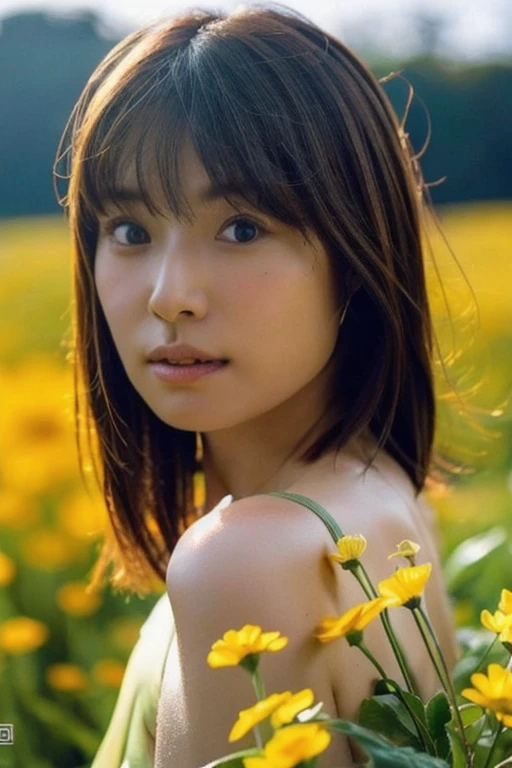 ((Exposing 1.6))),(((Exposing breasts,(((Exposing breasts 1.6)))piece, Highest quality, 8k, Absurd, Beautiful medium long bob hair,Woman in her late 20s, That shy expression is cute, (Sensual Style),((Seven episodes were filmed...............1.4)), (Nude 1.5), No makeup, near road and the far road, Written boundary depth, Surreal, High resolution, photograph, Sharp focus, Face lamp, Dynamic Lighting, highest detailed, ,Extreme detaileds、Super detaileded、detailed、Real Skin、elegant features、Positive and optimistic、(The background is a colorful flower field)