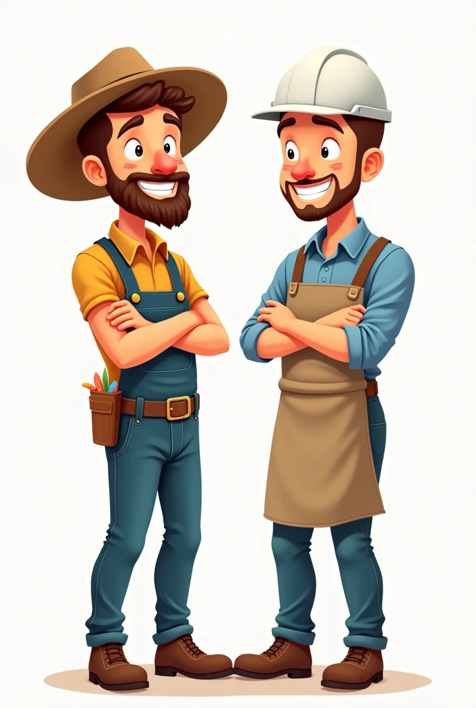 2 people smiling with arms crossed, a farmer with a straw hat and an industrial engineer with a white helmet and apron. Both in profile and turning their backs. both men. Full body image with legs and feet. cartoon.