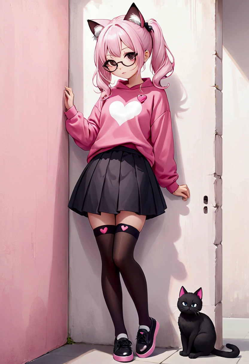 I have white pink hair, cat ears, a bun, my face is super blushing, black glasses, pink heart eyes, a big pink sweatshirt, a black skirt, black stockings, white shoes, a cat's tail, a girl. very shy that she is glued to a wall with her butt