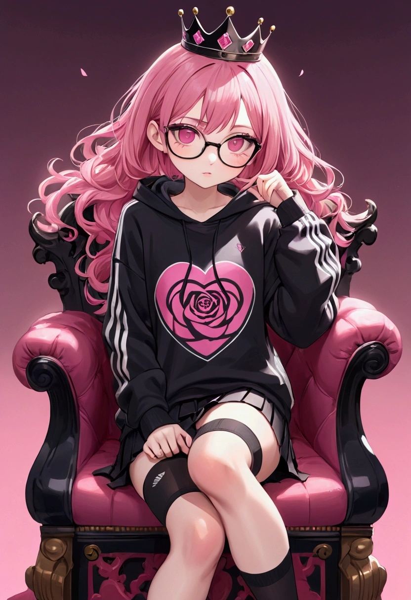 She is a princess, she , height 1.49 that she brings money pink hair black glasses rose eyes an extremely blushing face with a large pink sweatshirt that with her hand she brings a fan short black ripped skirt black stockings white Adidas tennis shoes and that she is an extremely shy girl sitting on a queen throne