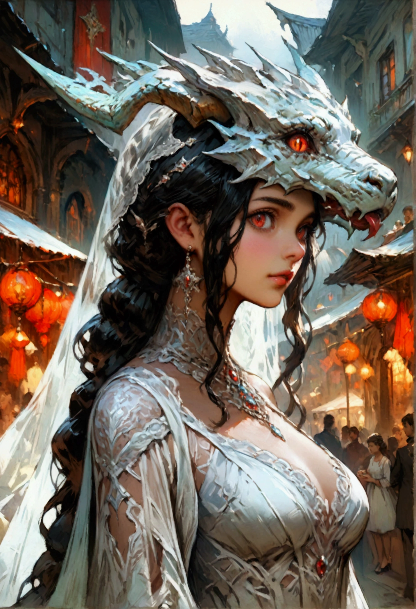 official art", "Realistic Digital Painting with Concept Art Elements"," digital painting," "concept art," "realistic," , "detailed environment: , "high detail", "detailed face", "high-res", "ominous aura,", "8k resolution", "oil painting", "graded colors", "darker tone" , "little saturation" ,"professionally colored", "detailed features" , "detailed eyes", "full body", "fantasy market place background" , "1female" , "dragon tail" , "dragon horns" , "medium bust size" , "petite" , "Elegant white dress" , "shawl" , " white gloves" , "beautiful" , "long black hair"