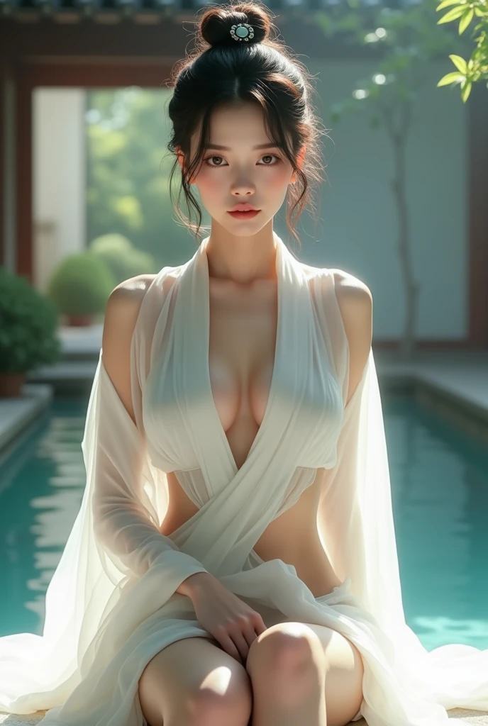 ((night、Realistic Light、Highest quality、8k、masterpiece:1.3))Canon EOS 5 D Mark IV のショット, 8k写真、Dressed in white, Wet, Translucent kimono、Realistic Japan woman in a temple, Beautiful Japanese Woman, Japanese Goddess, Beautiful Japanese Women&#39;Face、Tie your hair、How to put on a hairpin、Mature Woman、Sexy Japanese Women、Look straight into the camera、Gazing into the Eyes、Look forward、look forward to、Beautiful clavicle、Beautiful Eyes,　Translucent dress、Translucent Robe、No shoulder strap、Full body image、No sleeve、Beautiful beautiful legs、Beautiful inner thighs、 Gorgeous Korean Women, A realistic and sensual gravure idol, Beautiful young Korean woman,Light Blue Garter