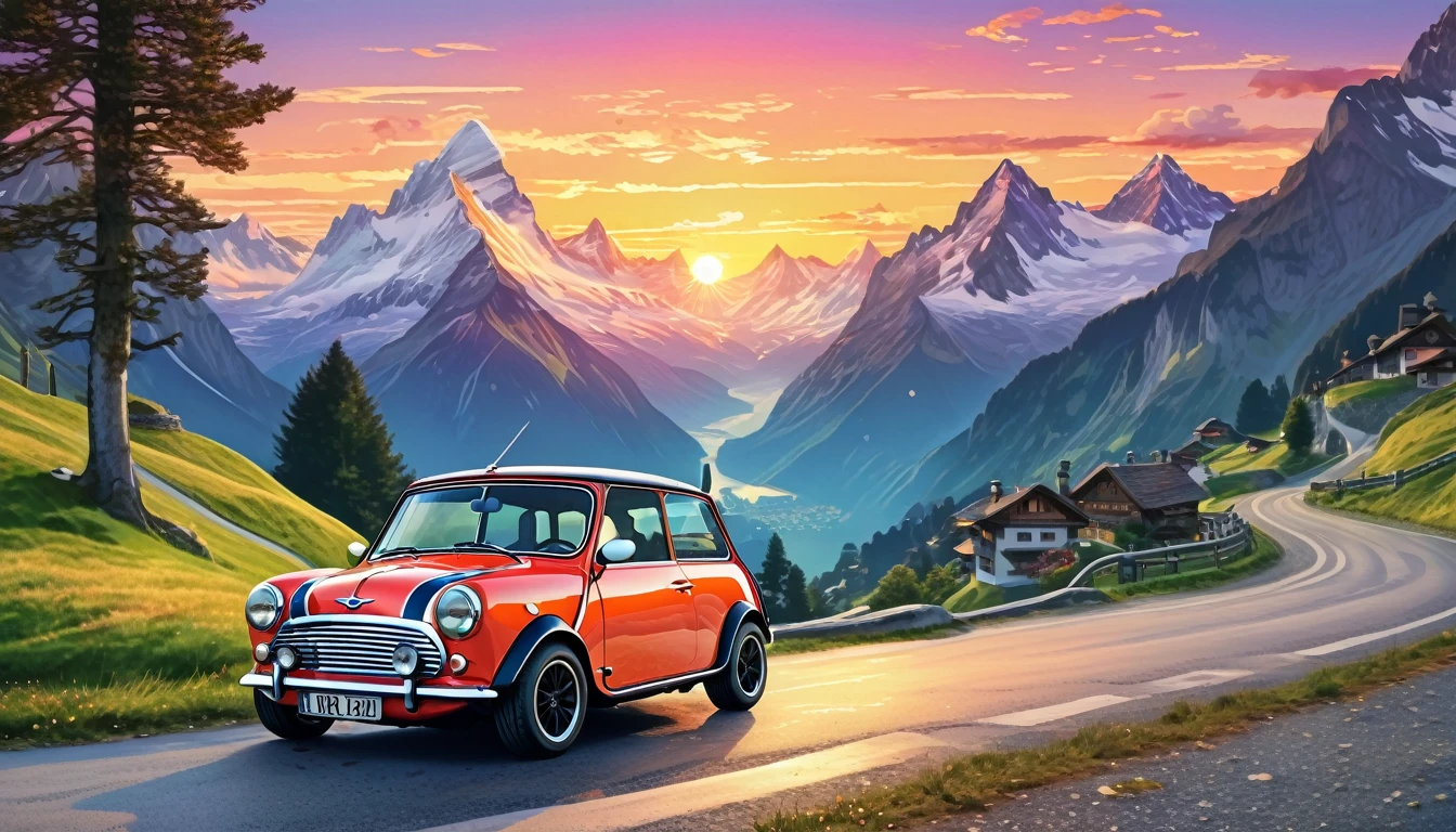 Historical masterpieces,Sunset in the Swiss Alps,A picture of a Mini Cooper parked on the road, Beautiful artwork, OutRun art style, Beautiful digital art, Great art style, Retro style, Landscape Background,, Highly detailed digital painting,Watercolor style, super Realistic painting style, Detailed 4K painting, Realistic painting style, Awesome Wallpapers