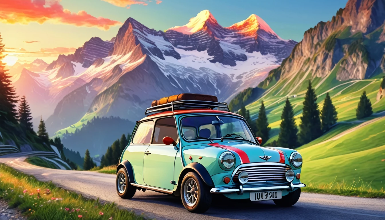 Historical masterpieces,Sunset in the Swiss Alps,A picture of a Mini Cooper parked on the road, Beautiful artwork, OutRun art style, Beautiful digital art, Great art style, Retro style, Landscape Background,, Highly detailed digital painting,Watercolor style, super Realistic painting style, Detailed 4K painting, Realistic painting style, Awesome Wallpapers