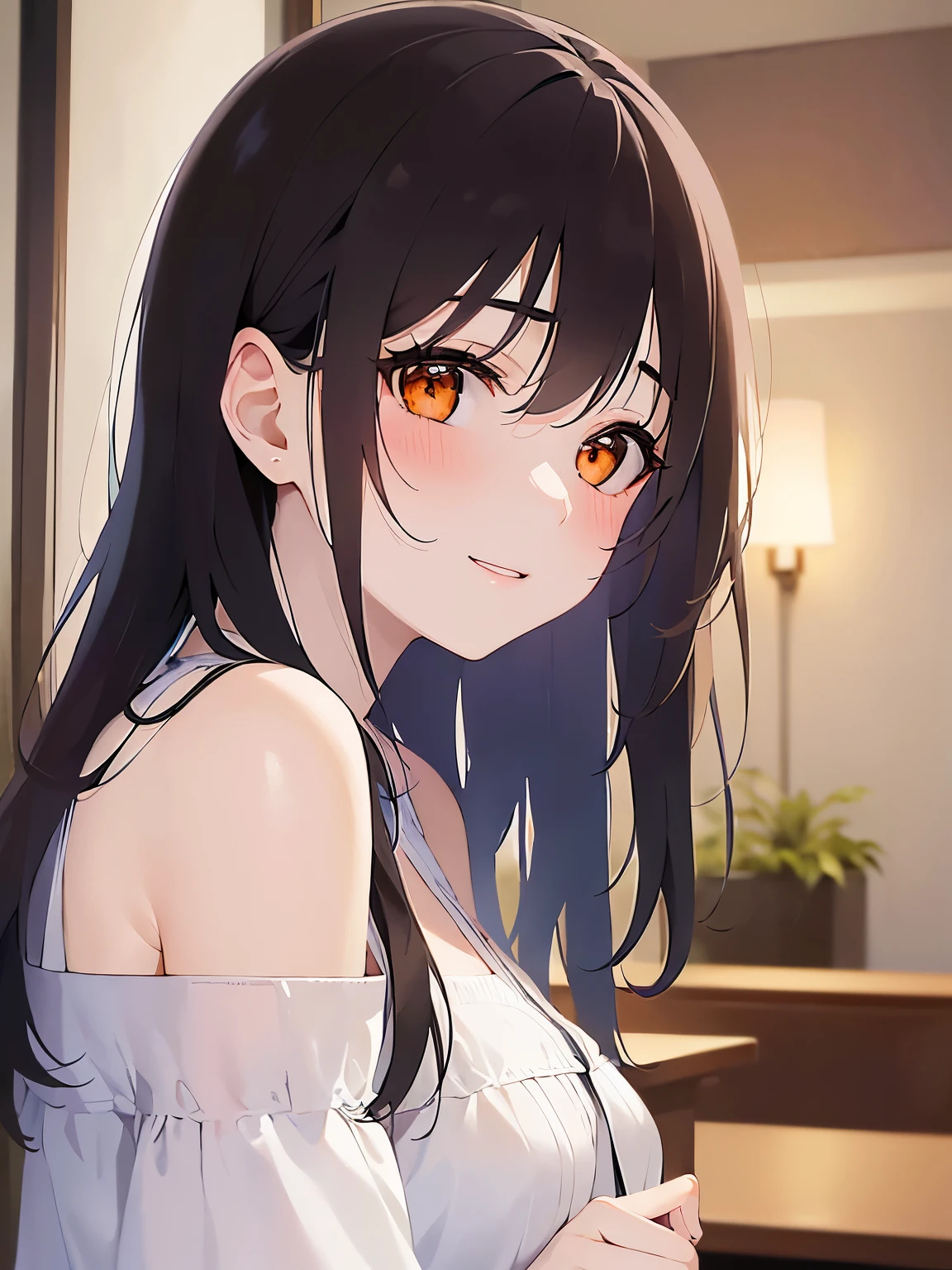 head tilt, (night:1.5), looking up, hand on own face、upper body、side angle, (pale skin: 1.2), shiny skin, shiny hair、(A 25-year-old woman with medium-length hair and bangs) and (wavy hair) and (brown hair) and (orange eyes) and (half closed eyes), (white) and (off shoulder blouse), smile, (blush:1.3), The background is a hotel room、Alone、Are standing