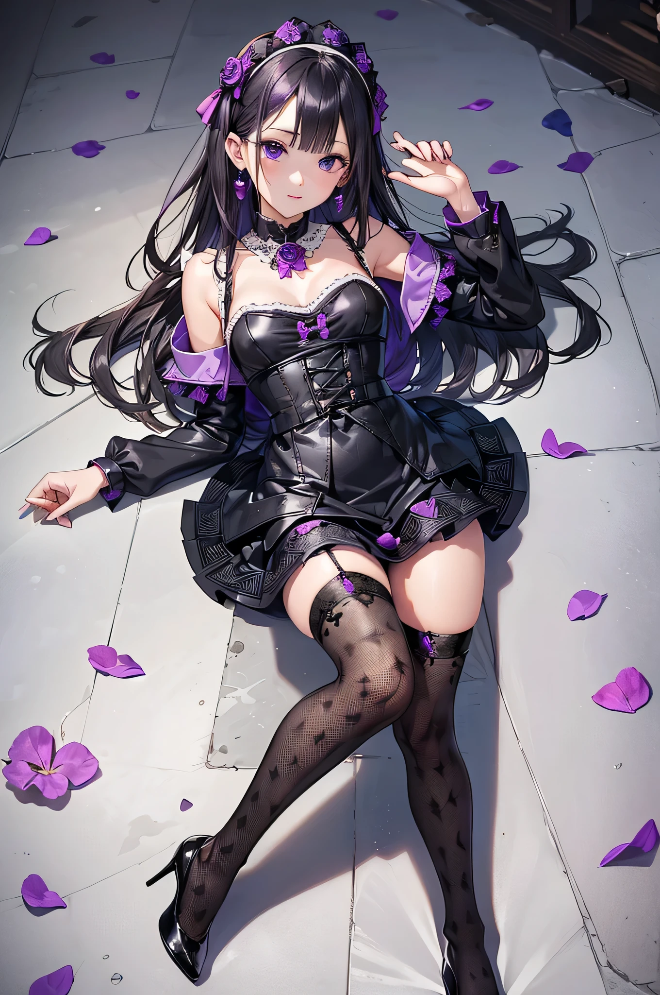 ((Biologically correct limb count)),(( From head to toe,Full-body photo including face)),4K,((Standing position)),masterpiece,((Focus on the face)),((Symmetrical facial features)),Eyes with detailed description,Beautiful woman,Great style,Beautiful arms,Beautiful legs,Beautiful Hands,(Small Ass,Thin thighs),Detailed depiction of the face,Small earrings,necklace,(Purple enamel maid outfit、mini skirt,((Black high heels,Black patterned stockings))),Realistic photo,Lying on the linoleum floor,Low angle photo,A little panchira,Rose petals are scattered all around、