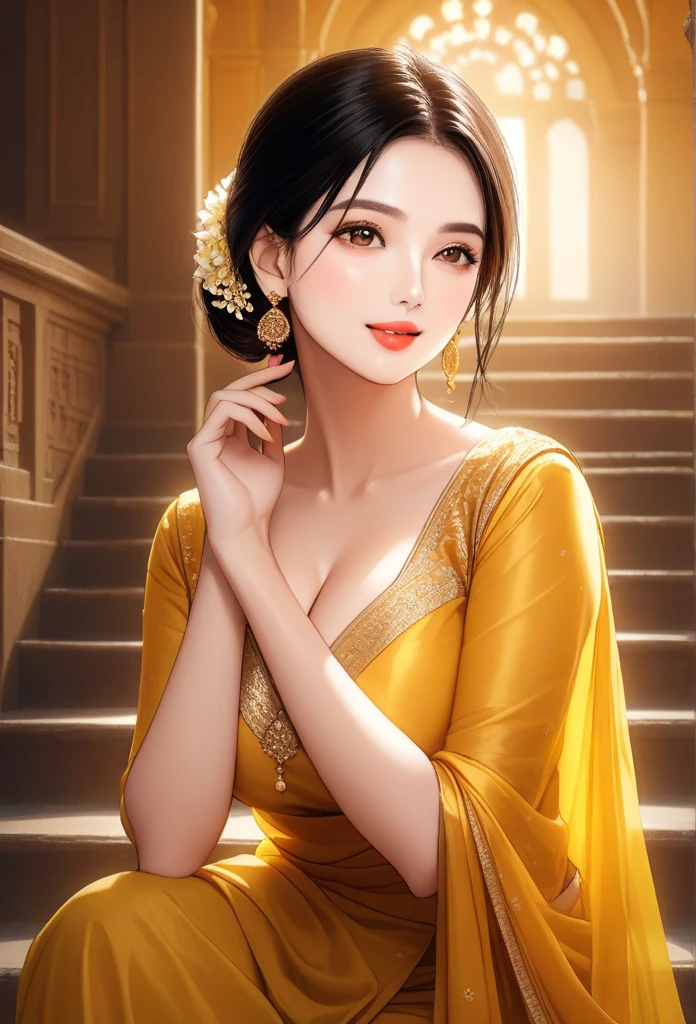 beautiful woman in yellow sari on stairs, hand on chin, detailed high quality portrait, intricate yellow clothing, cute and beautiful actress, professional promo image, warm color tones, natural soft lighting, cinematic composition, jhumka earrings,(best quality,4k,8k,highres,masterpiece:1.2),ultra-detailed,(realistic,photorealistic,photo-realistic:1.37),HDR,UHD,studio lighting,ultra-fine painting,sharp focus,physically-based rendering,extreme detail description,professional,vivid colors,bokeh,cleavage,makeup,glossy lipstick,smile
