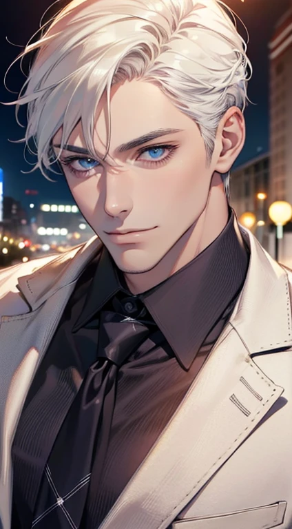 (Highest quality,4K,8K,High resolution,masterpiece:1.2),Super detailed,(Realistic,photoRealistic,photo-Realistic:1.37),1 person,31 years old,Mature Men,Beautiful skin、very handsome,Expressionless,smile,Short white hair,blue eyes,Sharp Eyes,A perfect face without a doubt,Businessman,Office Background,Cinema Lighting,HDR image,tie、