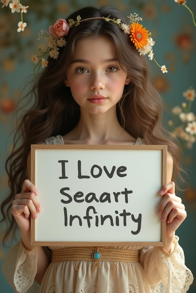Beautiful girl with wavy long hair, bohemian dress, holding a white board with text "I Love Seaart Infinity" and showing it to the viewer