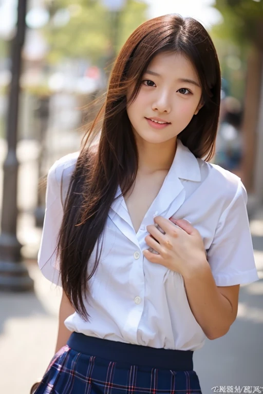 lens: 135mm f1.8,(Highest quality),(Tabletop:1.1), (Cute 14 year old Japanese girl),  (Moisturized lips), Narrow eyes, double eyelid,Delicate clavicle,Flat Chest,Shortcuts,
 (Let me me&#39;Let me&#39;Let&#39;s take another look), (close:1.4),  shame, A faint smile,
(Spotted sunlight:1.2), Dramatic lighting, 
(Taking off the uniform), (Sunburned skin:0.2),Full body photo、Full Body Focus、Spread your legs.Standing posture、Spread your legs wide、Skirt Lift、Hold up your skirt with both hands、The inside of the skirt is visible.、??????? face、Squint your eyes、Slightly parted lips、((Topless))
