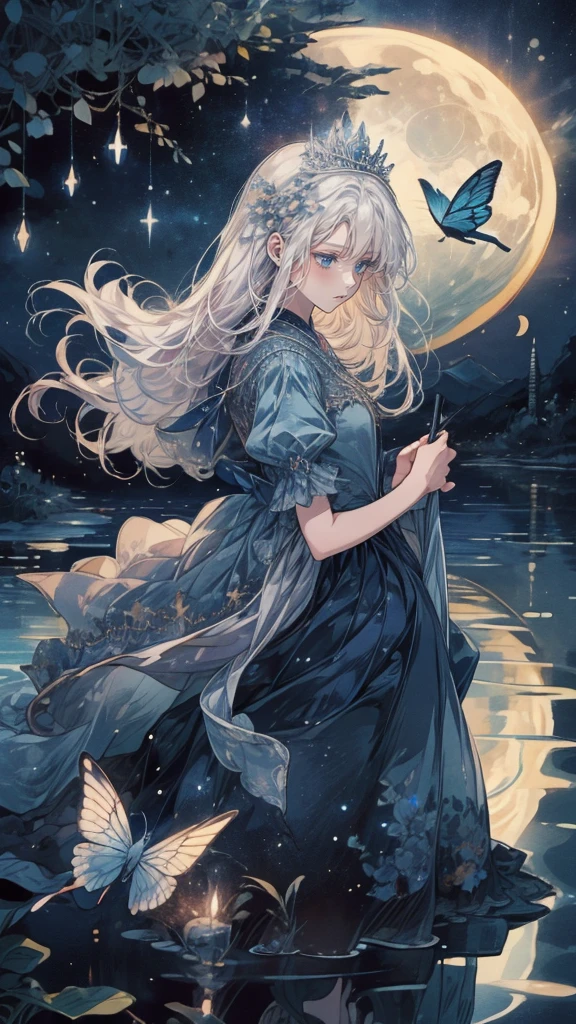 (Mastepiece), (Best Quality), Very detailed, 1 girl, (Full body solo shot:1.5), Perfect Face, beautiful girl, Very detailedな顔,(Blue Princess Dress:1.4)、(White hair long hair:1.5),(blue eyes:1.4),(tiara:1.2)、(White flower:1.4)、(Blue erfly々:1.3)、(ling:1.3)、moonlight、流れstar、(night、star空、White Moon:1.4)、star々、light