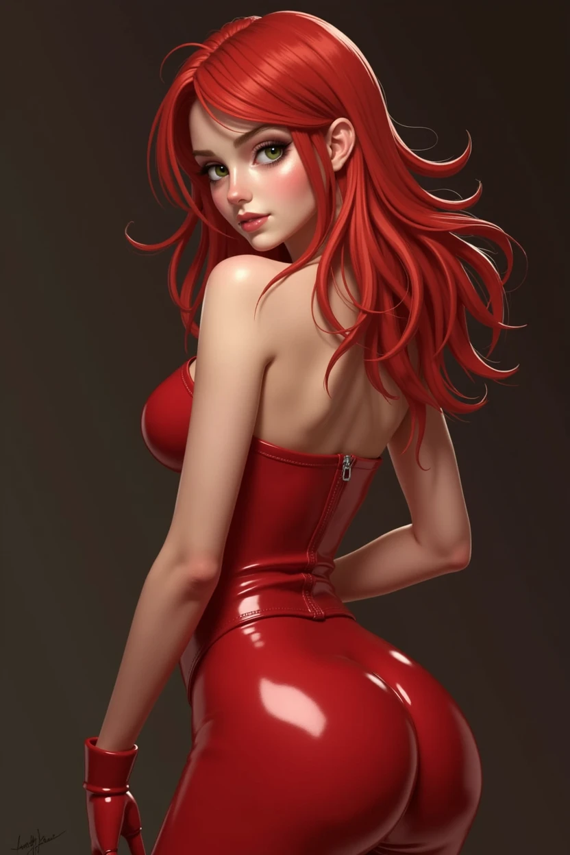 1 girl, Cutie, red head, 18+, tight, oil, shiny, latex, looking back, green eyes, provocative pose, inviting, biting lip