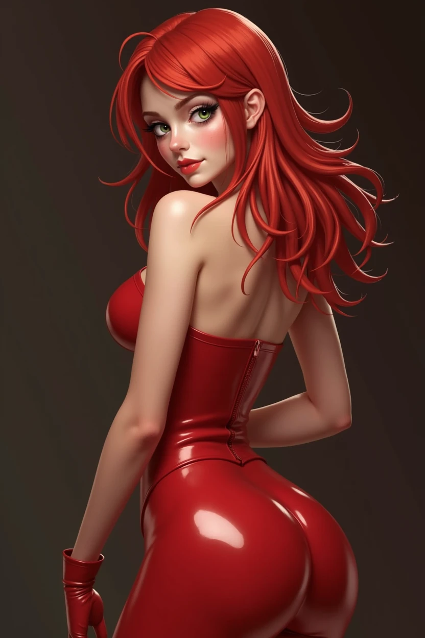 1 girl, realistic, Cutie, red head, 18+, tight, oil, shiny, very shiny, shiny, latex, latex, latex, looking back, green eyes, provocative pose, inviting