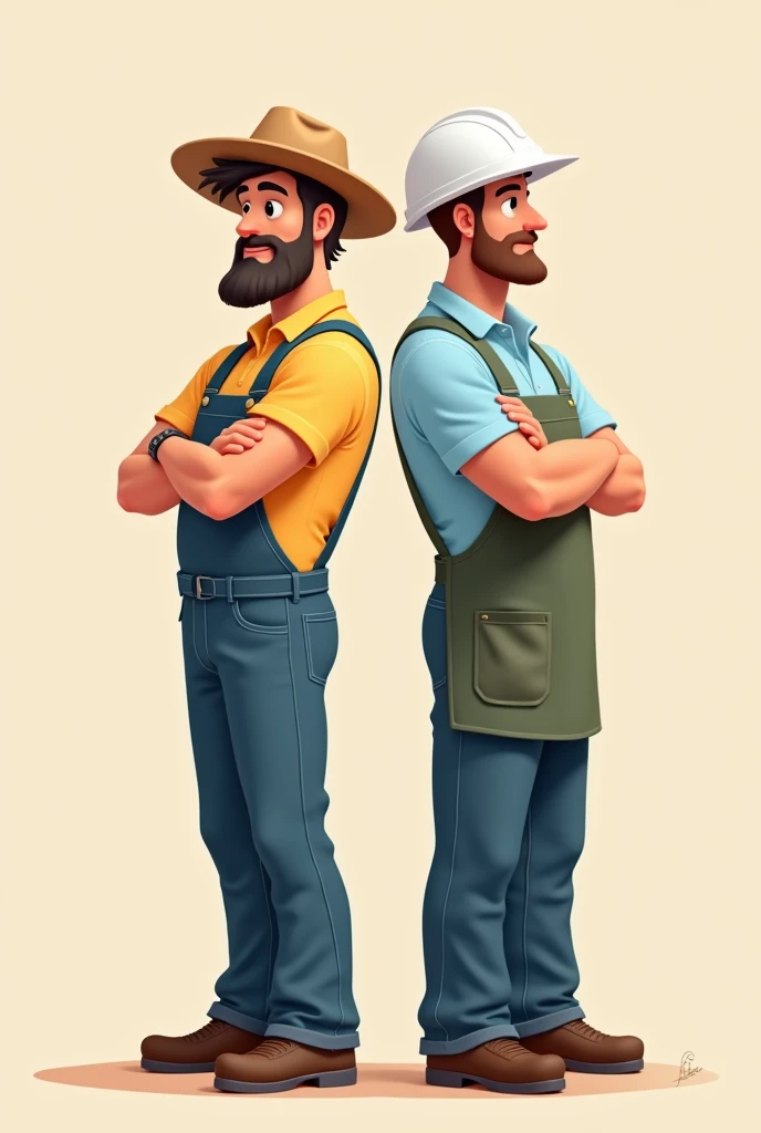 2 people smiling with arms crossed, a farmer with a straw hat and an industrial engineer with a white helmet and apron. Both in profile and turning their backs. both men. Full body image with legs and feet. cartoon.
