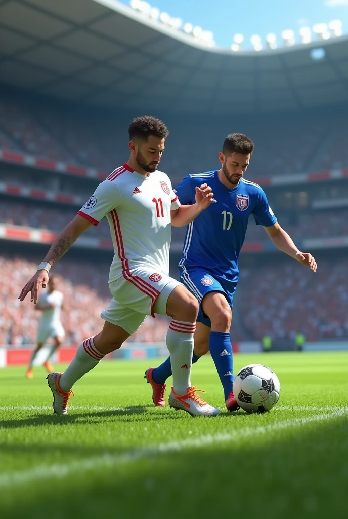 men's soccer team in white shirts fighting for the ball with the team in blue shirts, 3D animation