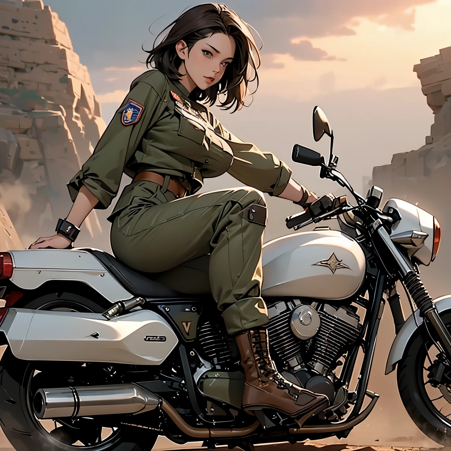 nsfw, anime screencap, 16K, perfect anatomy proportion body, perfect hands, action, A dynamic composition with a sense of speed and movement, (Ride a military motorcycle:1.6), a wife, 40age, perfect beautiful delicate sexy face, perfect beautiful delicate eyes, brown hair, short bob hair, gigantic tits, abs, Wearing an elaborate chainmail breastplate and loincloth that reveals a lot of skin, Desert Battlefield, war, Post-apocalyptic,