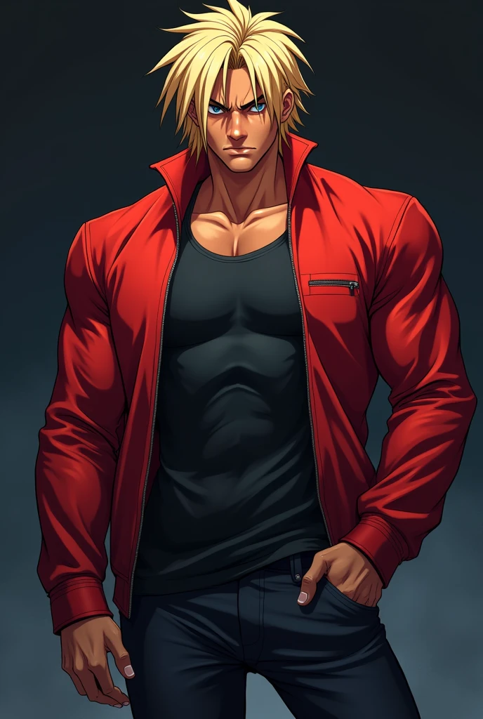 Anime drawings and full-body drawings、Dark skinned、A slim, muscular man wearing a tank top and a red jacket and blonde hair.