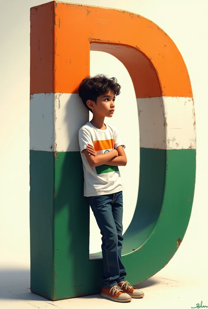 A Smart boy leans on the letter D printed with the Indian flag above the letter D. The boy's t-shirt has the Indian flag printed on it.