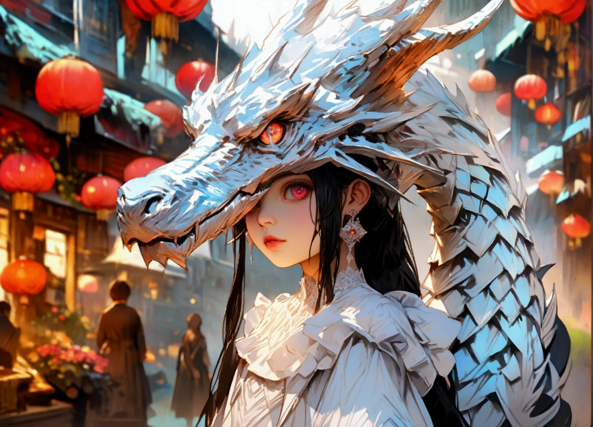 official art", "Realistic Digital Painting with Concept Art Elements"," digital painting," "concept art," "realistic," , "detailed environment: , "high detail", "detailed face", "high-res", "ominous aura,", "8k resolution", "oil painting", "graded colors", "darker tone" , "little saturation" ,"professionally colored", "detailed features" , "detailed eyes", "full body", "fantasy market place background" , "1female" , "dragon tail" , "dragon horns" , "medium bust size" , "petite" , "Elegant white dress" , "shawl" , " white gloves" , "beautiful" , "long black hair"