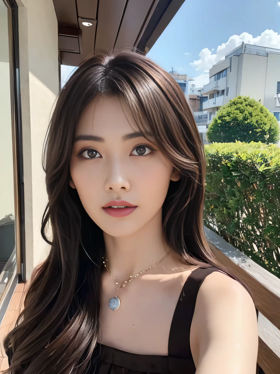 ((Genuine lighting、highest quality、8k、masterpiece:1.3))、8k、Clear focus:1.2、Browsing Caution、((Genuine)) 、((Genuine light、highest quality) )、Model Body Type:1.4、(Dark brown hair、outside:1.8)、Dark brown eyes、Long Hair、Resort、At Nangoku Hotel、(30-years-old:1.3)、Highly detailed face、Beautiful Eyes、double eyelid、necklace、Put your hair over one eye、High heels、eyeliner、Please comb your hair、out side terrace view、liberation、Model Pose、(West Shot)、Random body direction、