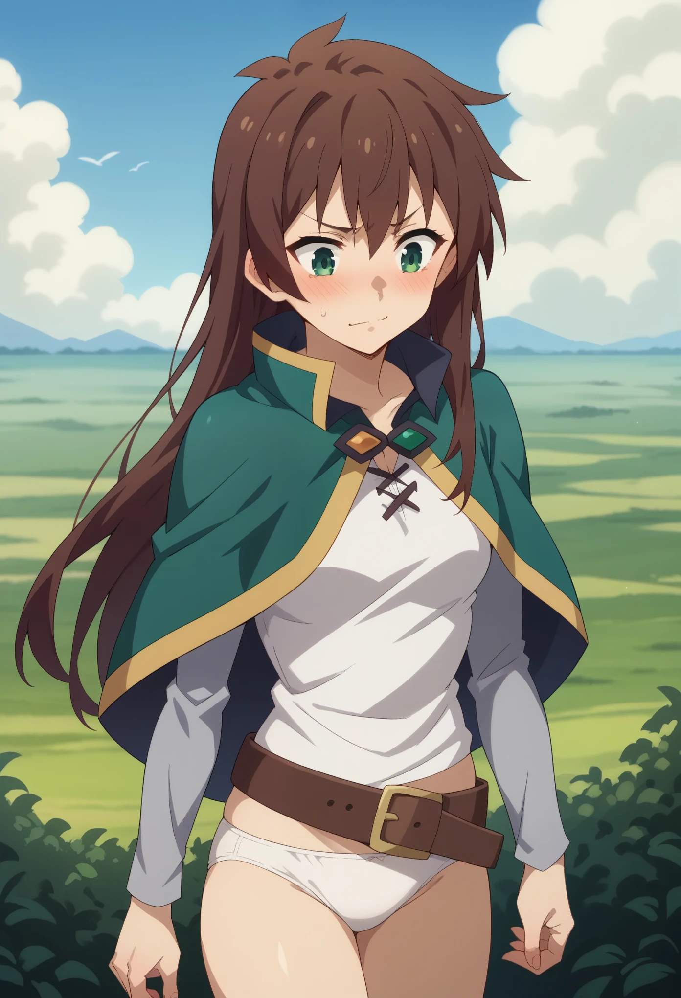 score_9, score_8_up, score_7_up, 1girl, solo, (female:1.5), female focus, female body, kazuma satou, long hair, brown hair, green eyes,shirt, long sleeves, white shirt, belt, no pants, bare bottom, bare legs,  capelet, brown belt, standing, perverted face, smirk, white underwear, blushing, looking down, landscape, centered image,
