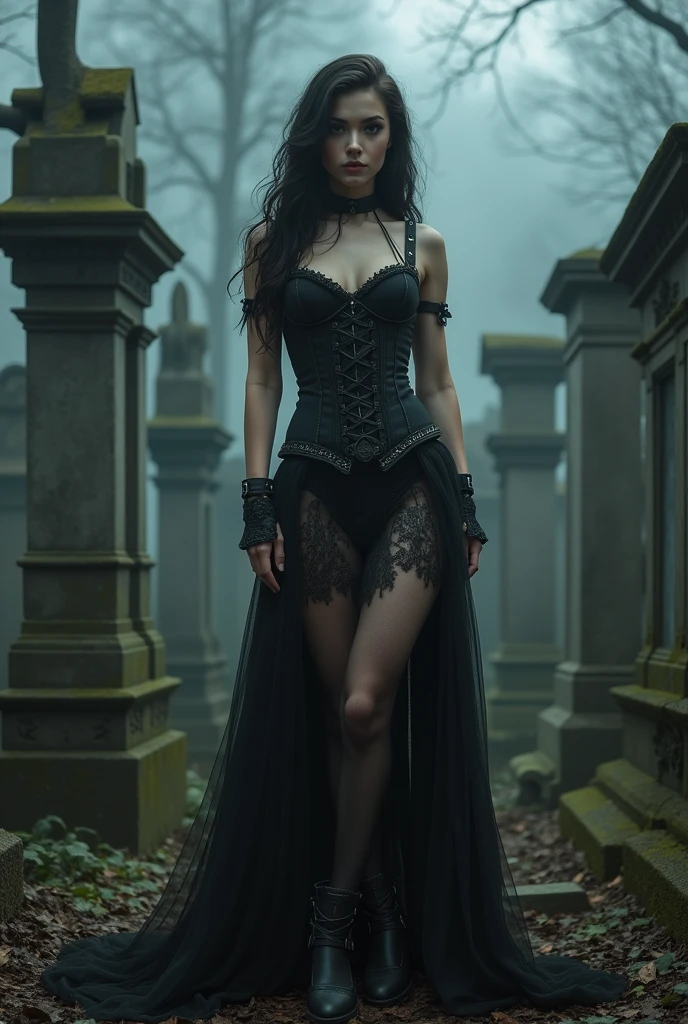 Illustrate Actress Penélope Cruz as a Greek goddess of darkness wearing a black leather corset, a black loincloth with black scarves tied on the side, a gray boot and a long cape that appears to be made of smoke, in a barren land at night, with fog on the ground and swampy trees. 8k realistic