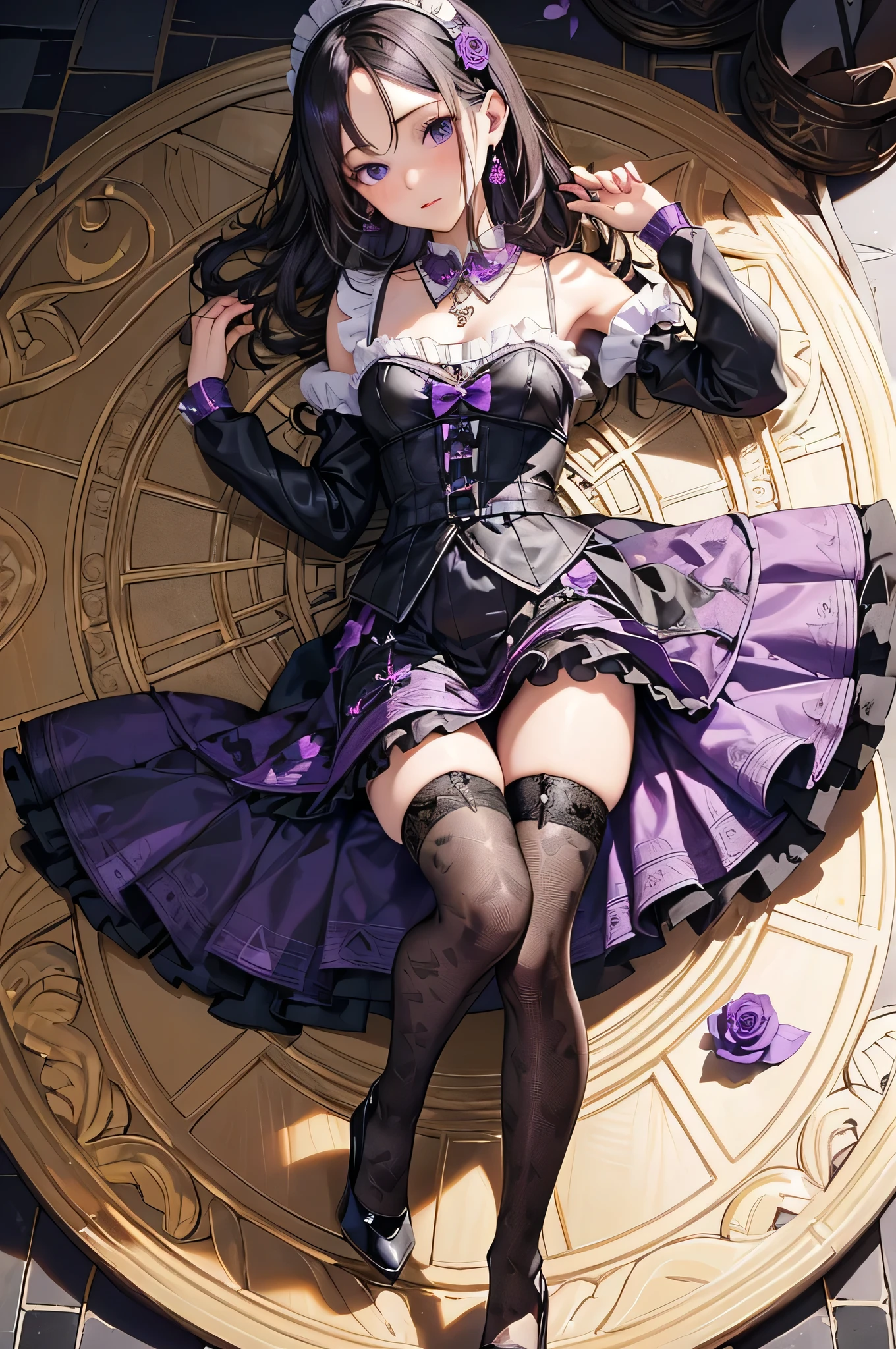 ((Biologically correct limb count)),(( From head to toe,Full-body photo including face)),4K,((Standing position)),masterpiece,((Focus on the face)),((Symmetrical facial features)),Eyes with detailed description,Beautiful woman,Great style,Beautiful arms,Beautiful legs,Beautiful Hands,(Small Ass,Thin thighs),Detailed depiction of the face,Small earrings,necklace,(Purple enamel maid outfit、mini skirt,((Black high heels,Black patterned stockings))),Realistic photo,Lying on the linoleum floor,Low angle photo,A little panchira,Rose petals are scattered all around、