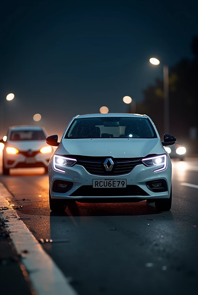 A white 2020 model Brazilian hatchback crashed on a highway at night with license plate RCU6E79 A photo from 15 meters away with other cars nearby Make a very realistic image