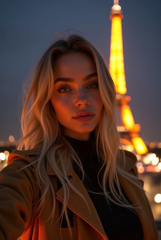 ((Long Shot)) Blonde influencer with long naturally wavy hair, medium height, has large breasts, a fit body, making a selfie on the Eiffel Tower, on New Year's Eve, 
Combines classic streetwear items like sneakers, hoodies or jeans with high-quality accessories like designer bags or luxury watches to create a modern and stylish look, gorgeous, 8k, super detailed, realistic, intricate details, skin texture realistic, realistic hair, texture, fun, 8k uh, Best quality, high resolution, attention to detail, very big breasts, big ass, long reach, wide angle