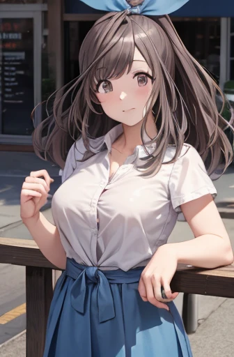 koganetsukioka, kogane tsukioka, (brown eyes:1.5), brown hair, hair tie, ponytail, BREAK bare legs, blue skirt, collarbone, collared shirt, miniskirt, shirt, short sleeves, skirt, tented shirt, tied shirt, tight clothes, tight shirt, white shirt, wing collar, BREAK looking at viewer, BREAK outdoors, BREAK (masterpiece:1.2), best quality, high resolution, unity 8k wallpaper, (illustration:0.8), (beautiful detailed eyes:1.6), extremely detailed face, perfect lighting, extremely detailed CG, (perfect hands, perfect anatomy),