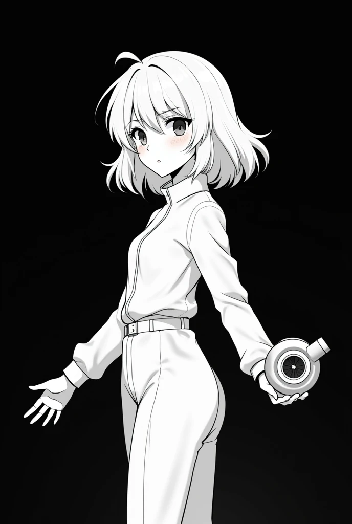 White pen on a black background。
No grey, just black and white。
A girl with white hair wearing a jumpsuit。
Anime-style hair is medium length。
The color of the jumper is white。
holding a car turbo in his hand。