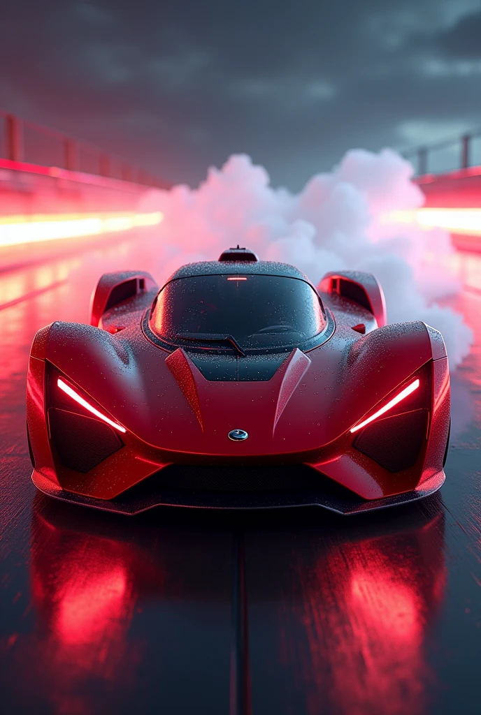 A car with neon red and rocket effect in the background