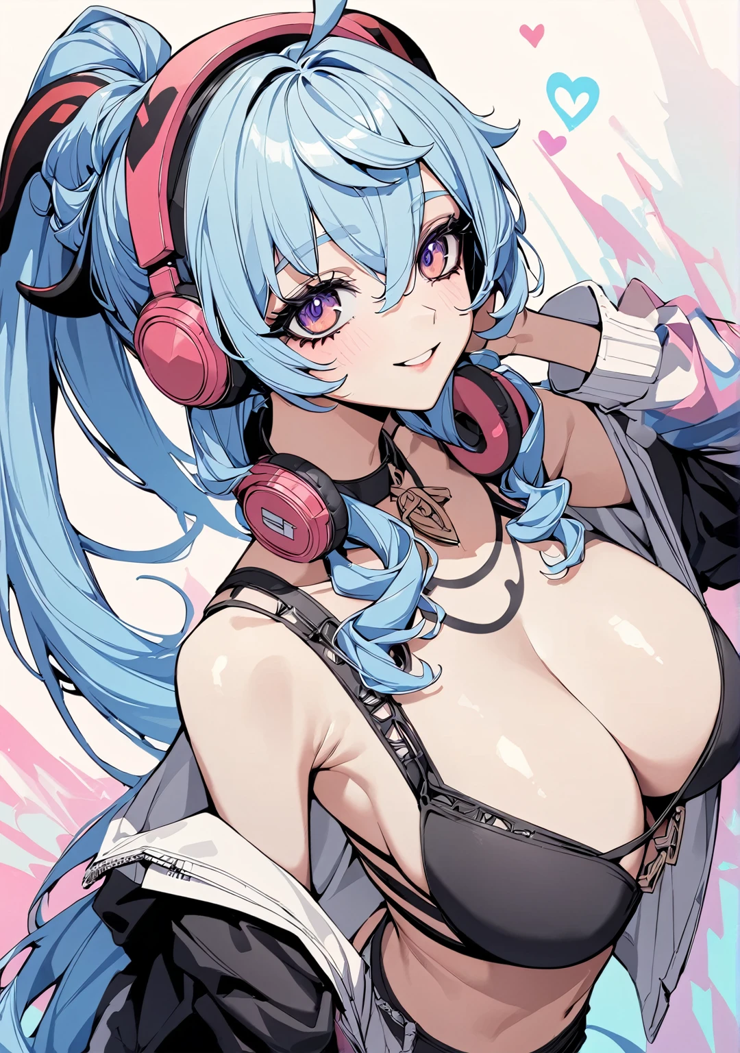 (highest quality:1.2, Very detailed, Latest, Vibrant, Super detailed, High Contrast, masterpiece:1.2, highest quality, Best aesthetics, aesthetic: 1.2), ganyu \(genshin impact\), long hair, light blue hair that ends in shades of darker blue, long ponytail, Beautiful breasts, DJ, (purple detailed eyes, Beautiful Eyes), smile, Light background , Heart-shaped choker, (Pop Art), colorful,Pink long ponytail hair, Eye of the symbol, +__+, Hip-hop costumes, listening to music on headphones, Looking up, DJ Style, Brownish horns with red engravings, turn backwards.