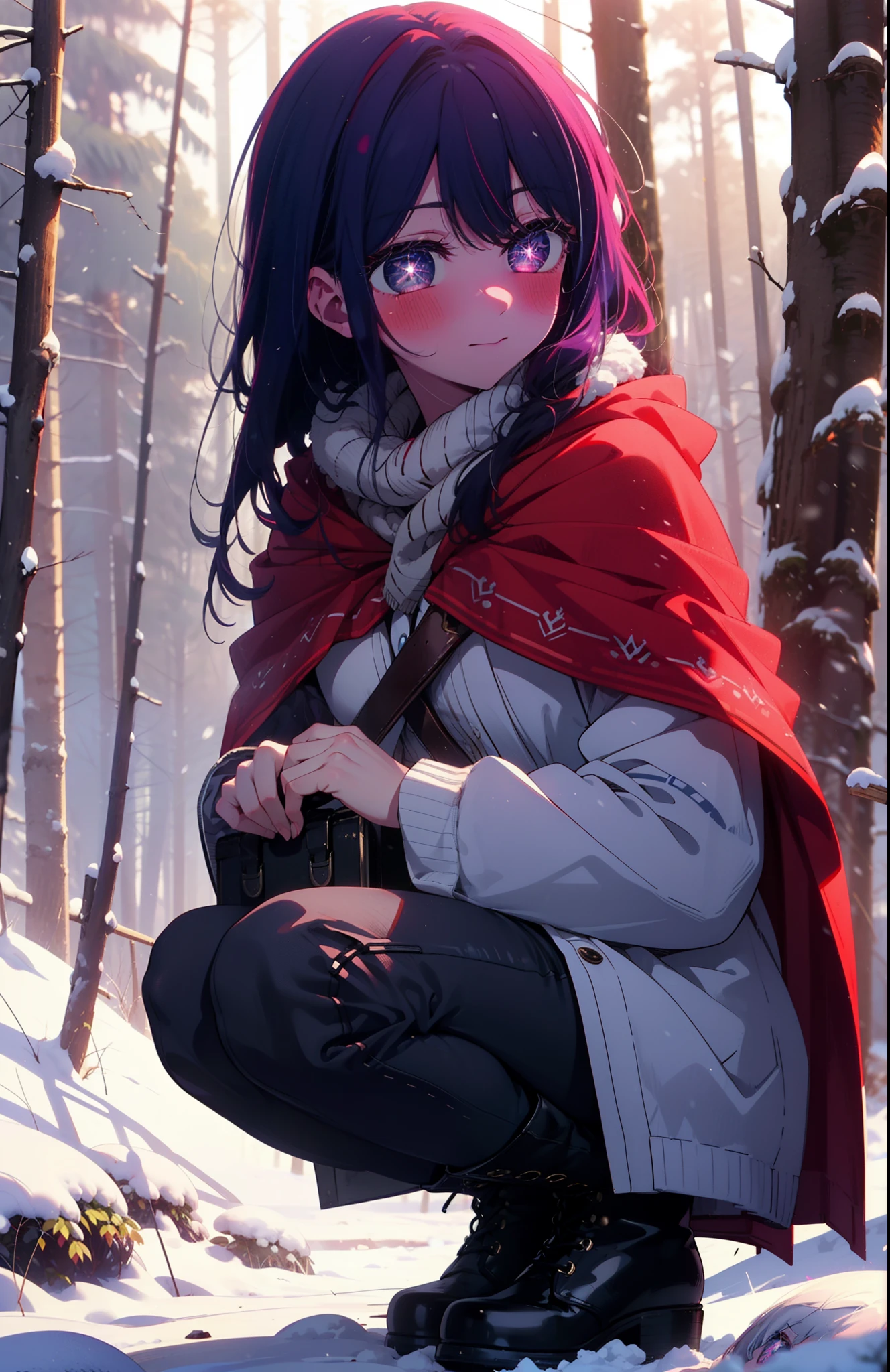 aihoshino, Ai Hoshino, Long Hair, bangs, (Purple eyes:1.1), Purple Hair, (Symbol-shaped pupil:1.5), smile,,smile,blush,white breath,
Open your mouth,snow,Ground bonfire, Outdoor, boots, snowing, From the side, wood, suitcase, Cape, Blurred, , forest, White handbag, nature, Squat, Mouth closed, Cape, winter, Written boundary depth, Black shoes, red Cape break looking at viewer, Upper Body, whole body, break Outdoor, forest, nature, break (masterpiece:1.2), Highest quality, High resolution, unity 8k wallpaper, (shape:0.8), (Beautiful and beautiful eyes:1.6), Highly detailed face, Perfect lighting, Highly detailed CG, (Perfect hands, Perfect Anatomy),