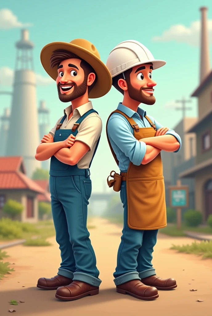 2 people smiling with arms crossed, a farmer with a straw hat and an industrial engineer with a white helmet and apron. Both in profile and turning their backs. both men. Full body image with legs and feet. cartoon.
