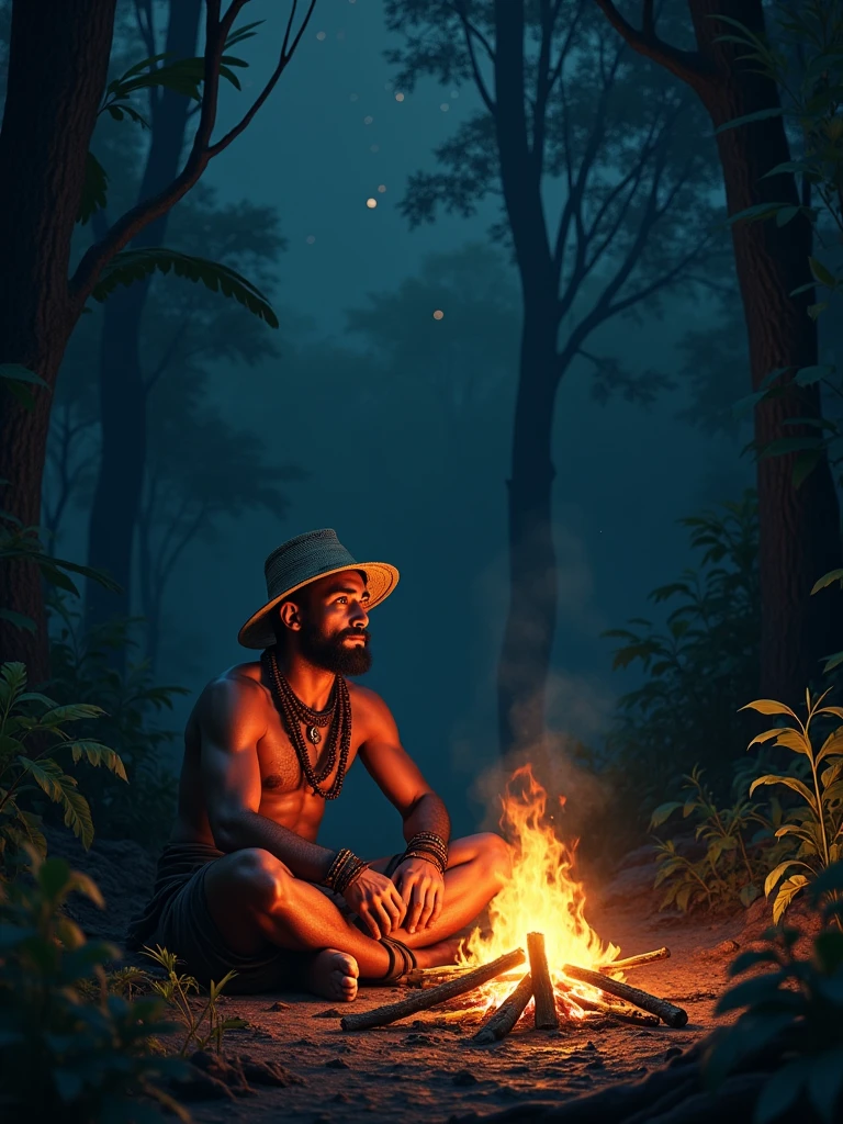 A Thai hunter sits in front of a fire at night in the forest