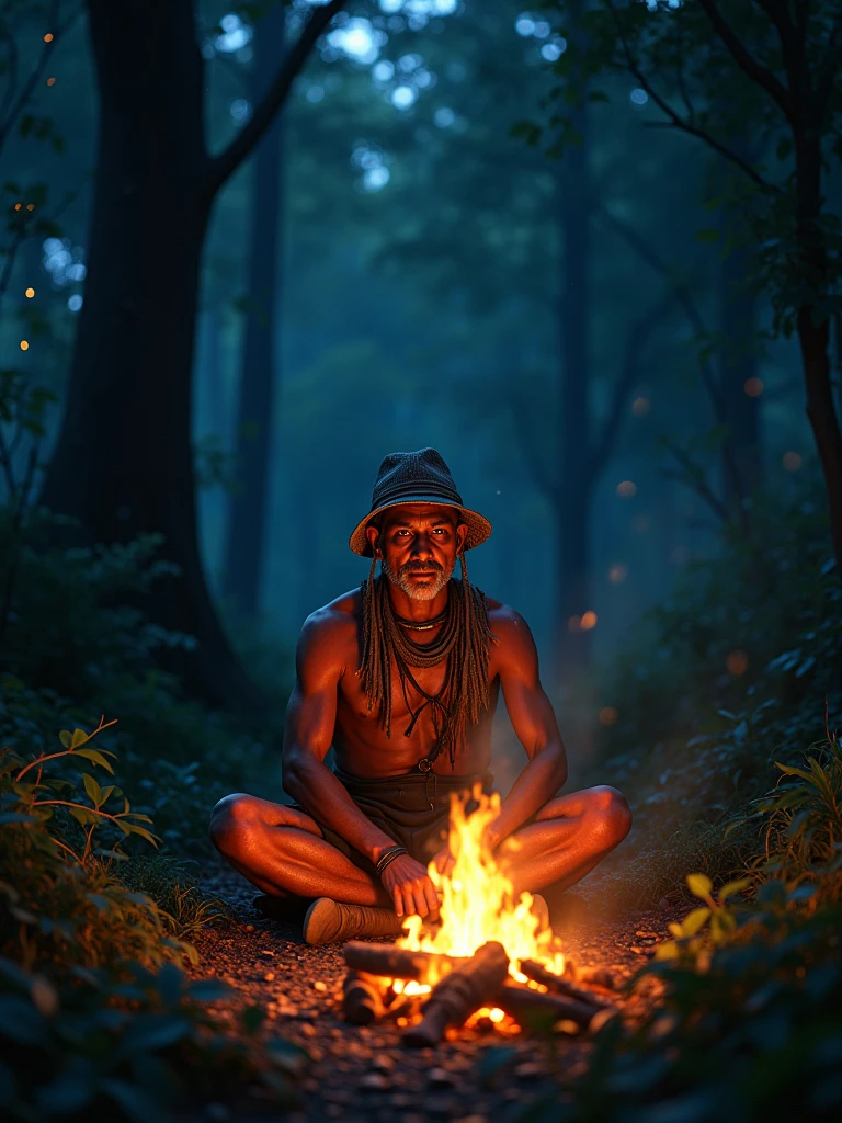 A Thai hunter sits in front of a fire at night in the forest