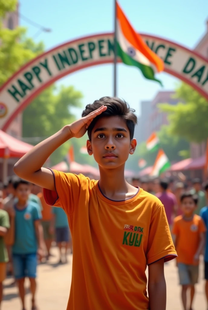 In a bustling town square, 16-year-old ROHIT salutes the Indian flag as it's being hoisted. He's wearing a saffron t-shirt with "ROHIT" embroidered in green on the sleeve. Around him, a diverse group of children wave small flags. A decorative arch in the background says "Happy Independence Day". 4K image.