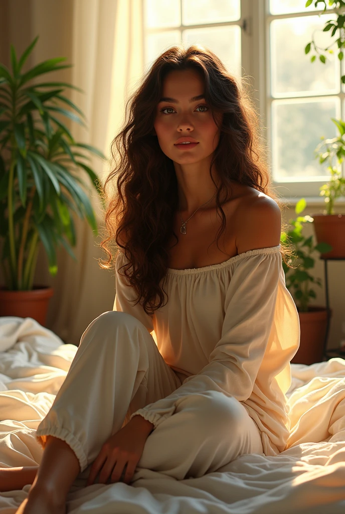 (photorealism:1.2), beautiful woman, sitting on bed, wearing loose off-shoulder top, pajama pants, long curly hair, indoors, soft lighting, plants in background, window with sunlight, cozy room, relaxed pose, realistic, intricate details, warm colors, by Greg Rutkowski, by Alphonse Mucha