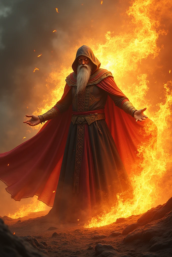 Make a wizard with a big cape controlling the flames 