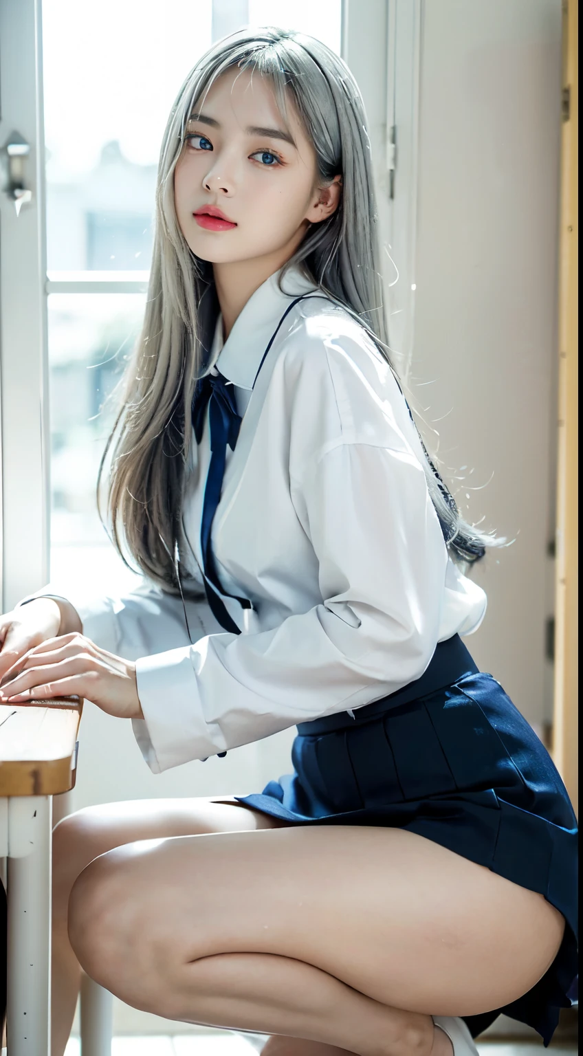 ((16K quality、最high quality、masterpiece、High resolution、Actual photo))、 (Ultra-realistic、Realistic)、(Professional Quality、High resolution)、超High resolution、((Long Shot、Full body portrait))、(((She spreads her legs wide to show her panties under her skirt:1.2)))、(((In the school classroom、Squat with your legs spread in an M shape)))、(((Lift up the hem of your navy blue skirt with both hands、Showing off her white high leg panties)))、(((Silver Hairのとても美しい10代の女性)))、((Nogizaka uniform idol))、((White blouse、Ribbon at collar.、Navy blue mini skirt、White Sox、Brown Loafers))、((She spread her legs wide to show her white panties.))、(High cut high leg white panties)、(((Silver Hair:1.2)))、((Shiny Hair、セミロングのSilver Hair、Cover one ear))、choker、((blue eyes))、(((Stargazing、Open your mouth)))、 (((Ecstatic expression、Drooping eyebrows and eye corners)))、Embarrassing、Beautiful feet、(Big eyes、No makeup、Very beautiful and delicate makeup, light makeup,)、Perfect body、Perfect hands、Perfect Fingers、Detailed and beautiful thin lips、clear, Beautiful face and well-proportioned eyes、Highly detailed eyes and face、Clean nose、Thin eyebrows、(Perfect Eyes) Border Light、Realistic Light、 (Soft Light, high quality, Smooth and sharp, 10x pixelation, Beautiful eyeshadow), Cute round face, Plump thighs、Accentuate your thighs、Hairstyles with bangs、Slender body、slim、Light-reflecting skin、Model body type、Detailed fingers、Beautiful Eyes、Long eyelashes、8From head to body、Low Angle、The light in your eyes、Makes your face smaller、double eyelid、Big eyes、Lip gloss、avert your eyes、Background Blur、Cinema lighting from the front、Light on the face