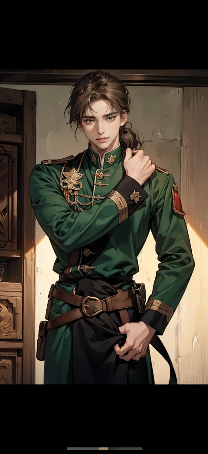 male、good looking、masterpiece、knight、soldier、Emerald green、Light brown hair、Wavy Hair、Hair up to the neck、Not too long hair、Cool look、A balanced body、anime調、anime、40 years old、Thin beard、mature、Staying calm、astringent、Thin beard、male前、maleらしい、Image above the chest、Highest quality、Character Design、Not young、Western、A little smile、Western style、Western-style clothing、Black military uniform、soldier、Europe、antique、uncle、Old man、中年male性、Medium Hair、Medium Bob、Astringent atmosphere、Lowered hair、Sadness、High resolution、Little wrinkles