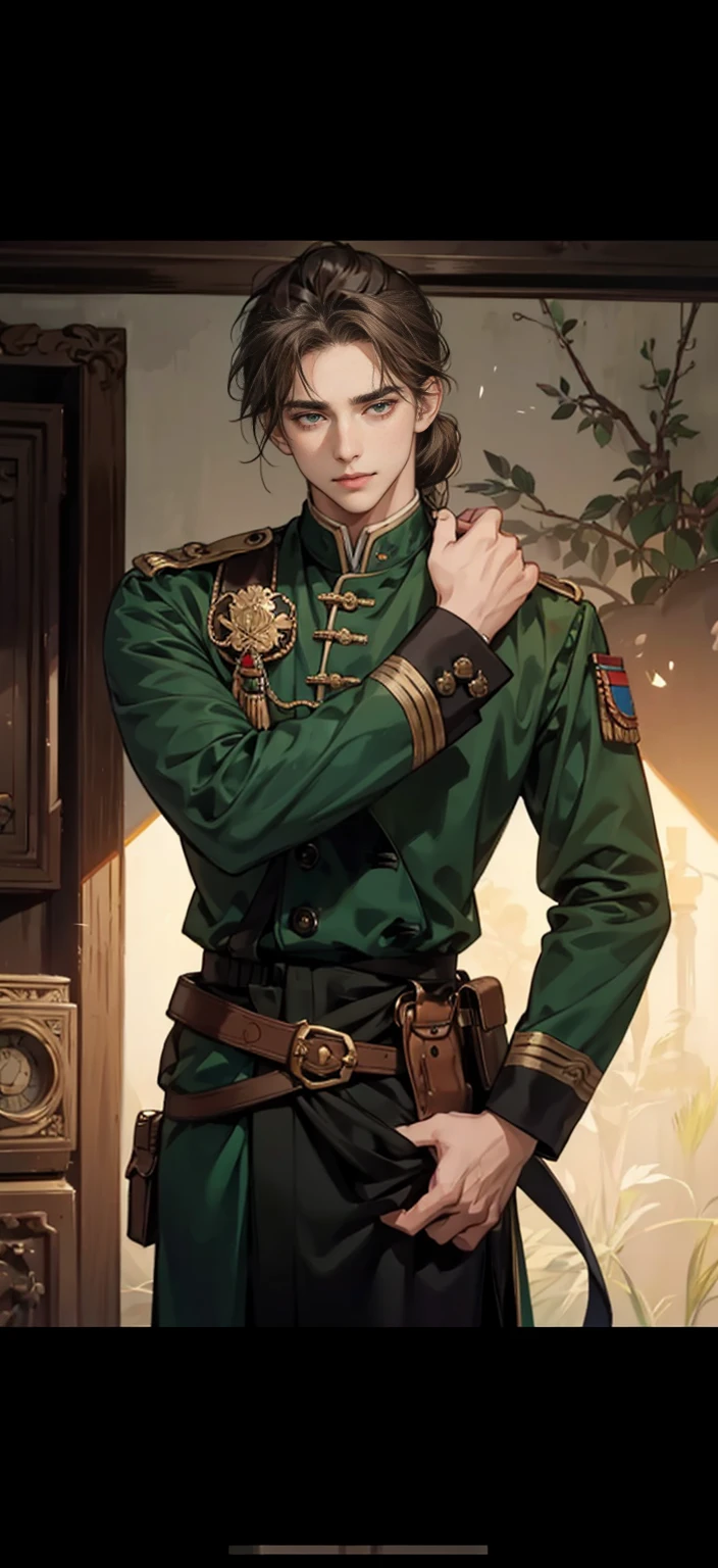 male、good looking、masterpiece、knight、soldier、Emerald green、Light brown hair、Wavy Hair、Hair up to the neck、Not too long hair、Cool look、A balanced body、anime調、anime、40 years old、Thin beard、mature、Staying calm、astringent、Thin beard、male前、maleらしい、Image above the chest、Highest quality、Character Design、Not young、Western、A little smile、Western style、Western-style clothing、Black military uniform、soldier、Europe、antique、uncle、Old man、中年male性、Medium Hair、Medium Bob、Astringent atmosphere、Lowered hair、Sadness、High resolution、Little wrinkles