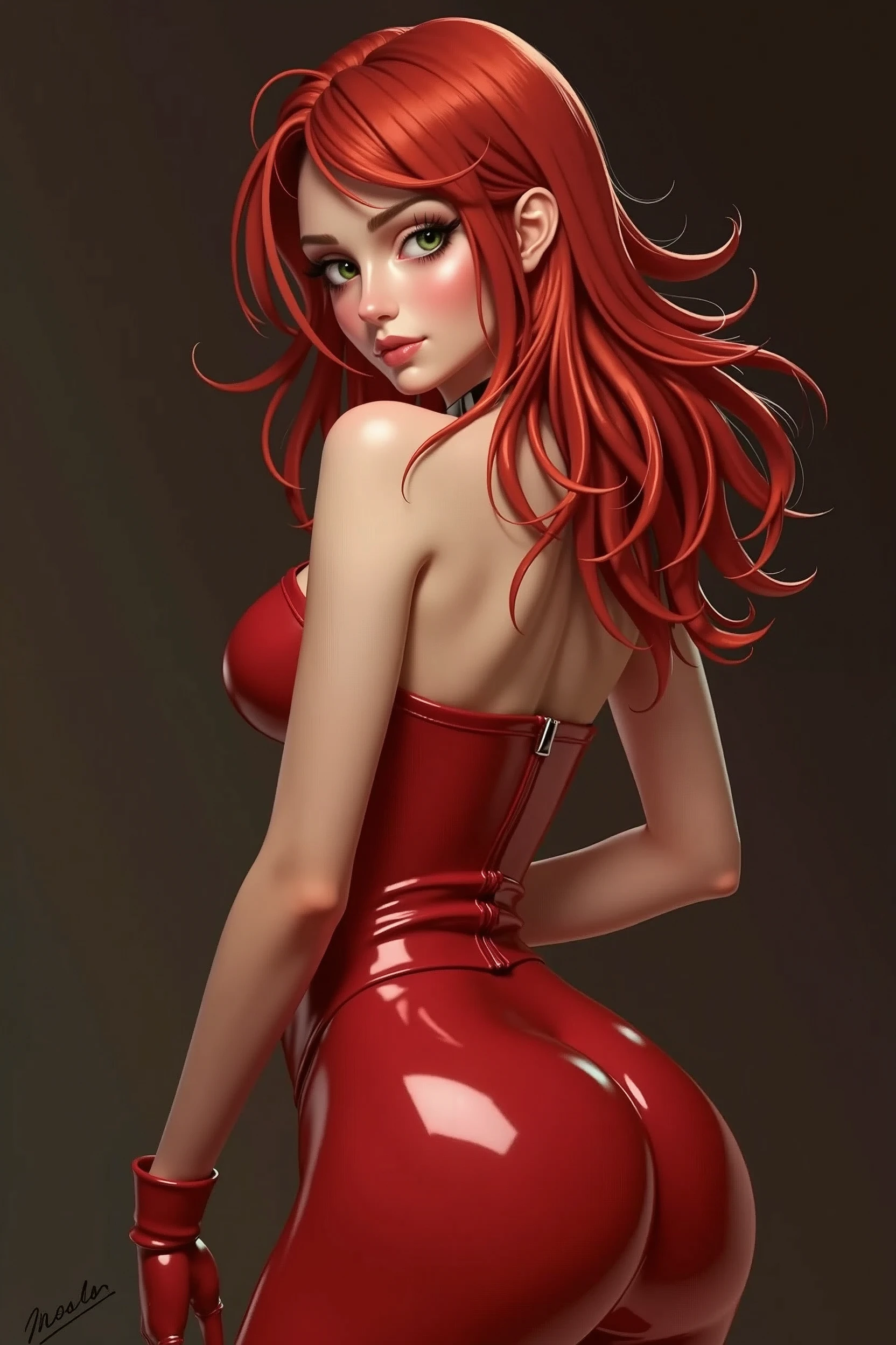 1 girl, realistic, Cutie, red head, 18+, tight, oil, shiny, very shiny, shiny, latex, latex, latex, looking back, green eyes, provocative pose, inviting